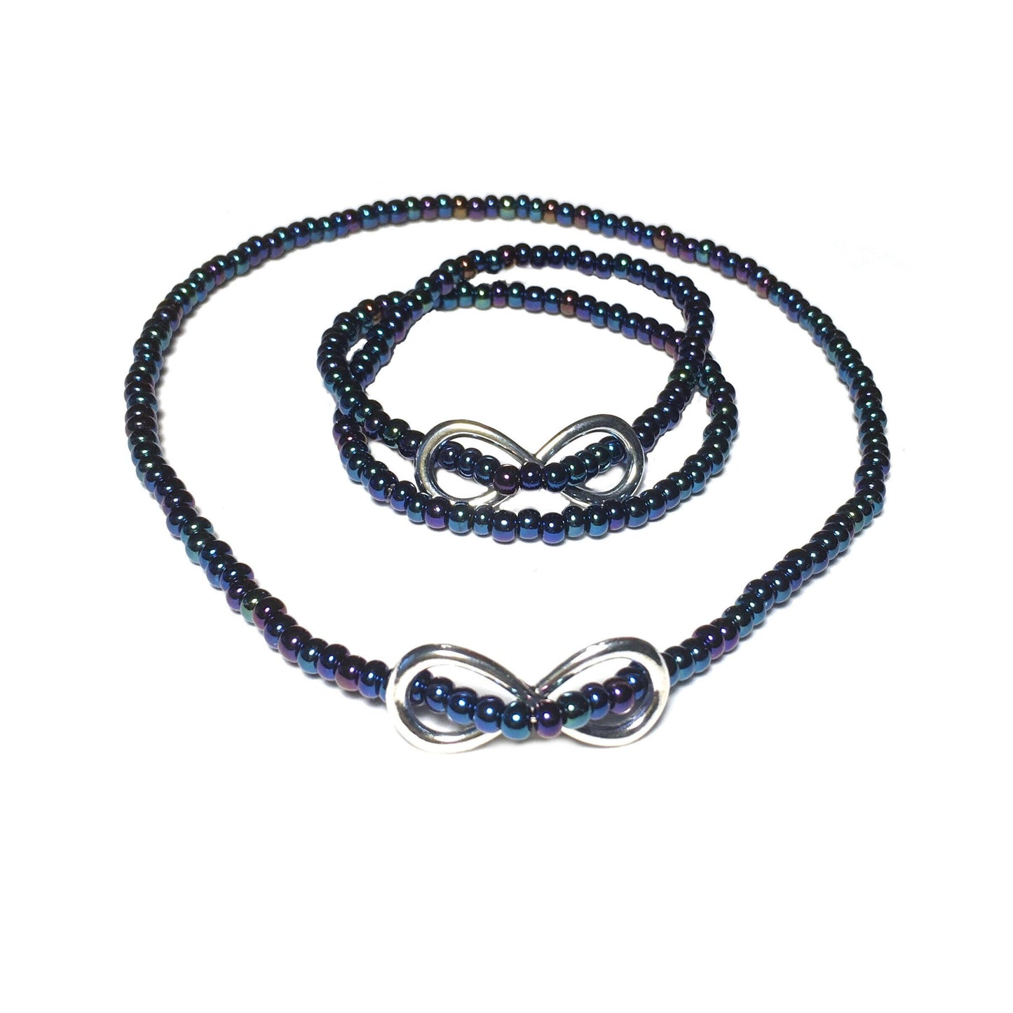 2 in 1 Silver INFINITY Bracelet and Necklace on Chakra Blue Czech glass - Low Tide Island Designs
