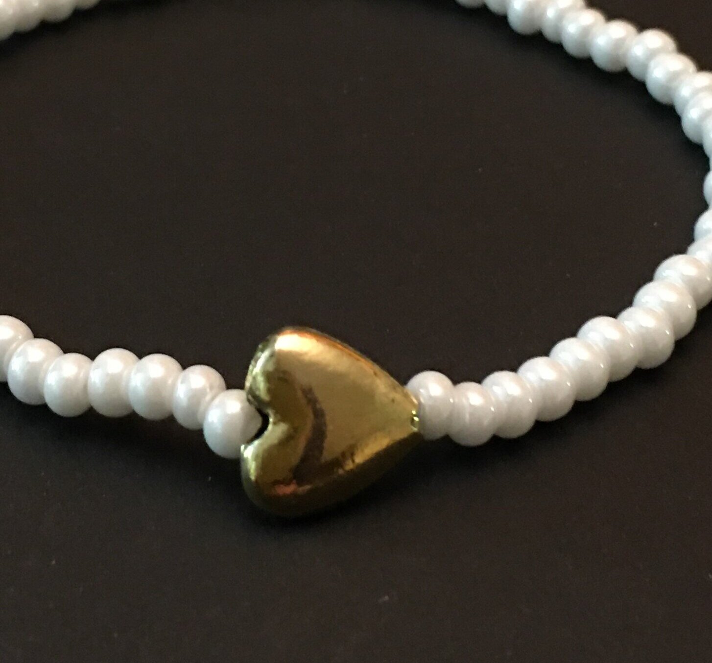 Heart Shiny Antiqued Brass on Pure White Pearlized Czech Glass- Elegant - Low Tide Island Designs