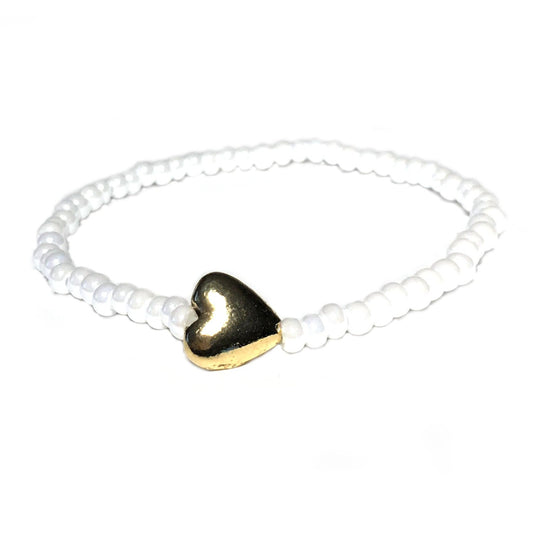 Heart Shiny Antiqued Brass on Pure White Pearlized Czech Glass- Elegant - Low Tide Island Designs