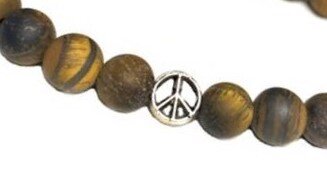 Silver 3-D Peace Sign on Natural Tiger Eye breads - Low Tide Island Designs